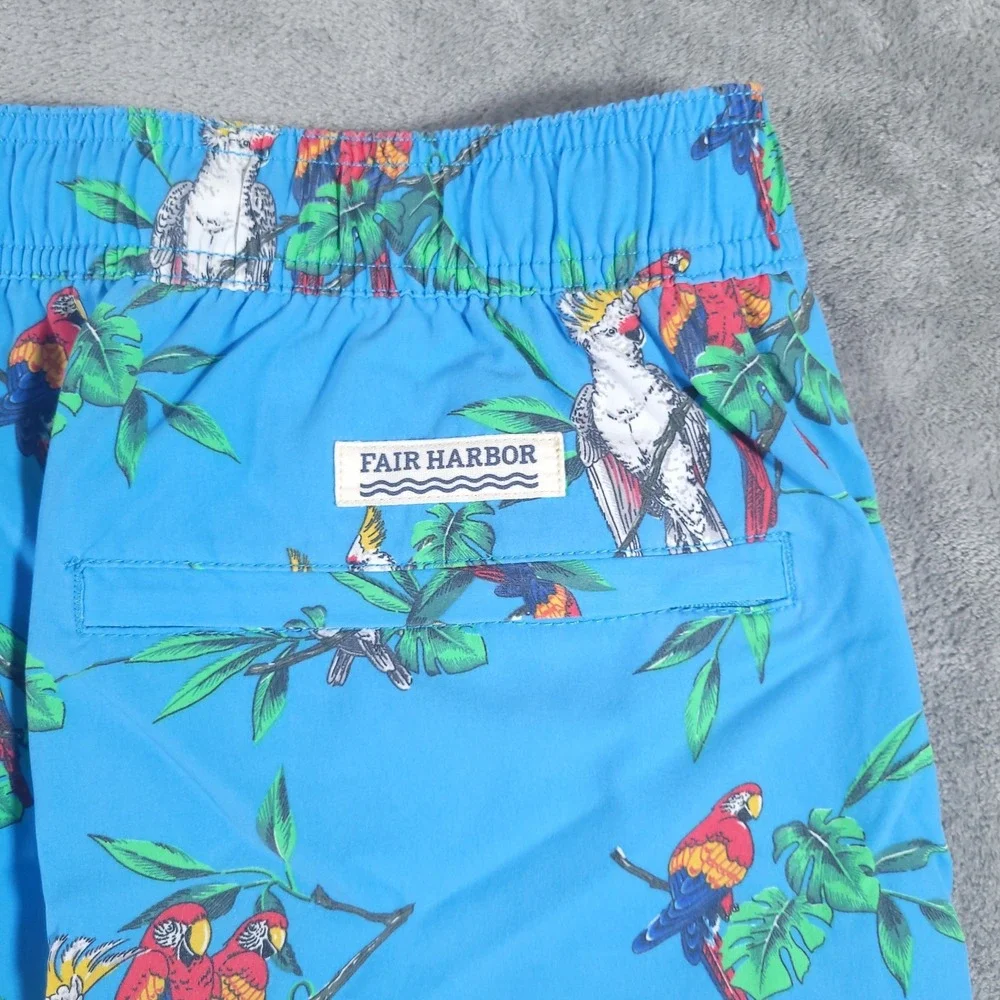 NEW Fair‎ Harbor Bungalow Short Mens 2X Blue Parrot Party Tropical Swim Trunks